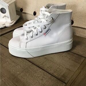 Superga high top leather platform sneakers. EUC